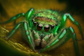 A close up of a green spider on a leaf