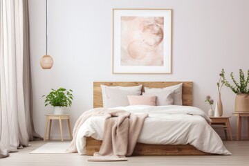Mock up poster frame in modern interior background. Cozy Bedroom with Plants and Abstract Art. Generative AI