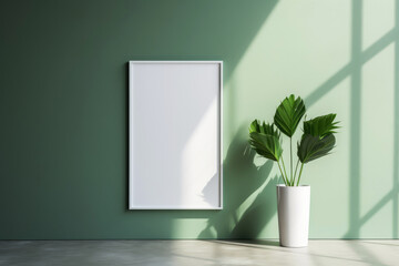 Green Wall with White Frame and Potted Plant. Generative AI