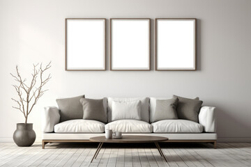 Mock up poster frame in Modern Living Room with White Sofa and Empty Picture Frames. Generative AI