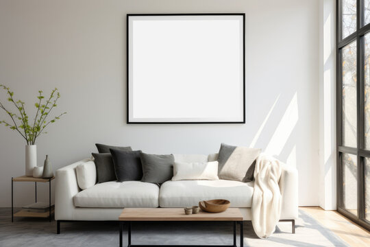 ock up poster frame in Sunlit Modern Living Room with White Sofa. Generative AI