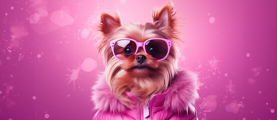 Boss Pup in Pink: Yorkie Pet Struts its Winter Style, Rocking a Chic Coat and Sunglasses on a Pink Background.