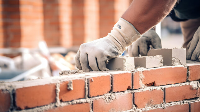 Bricklayer worker installing brick masonry on exterior wall with trowel putty knife