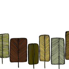 Hand drawn line art doodle scandinavian mock up banner with copy space with yellow orange brown stylized trees as autumn season background.Different shaped wood forest simple minimalistic backdrop.