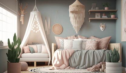 Room in light pastel colors in Scandi Boho style pre Generative Ai