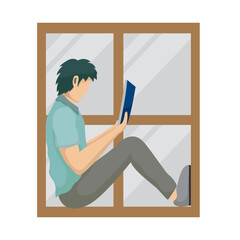 man reading a book in the window of the house