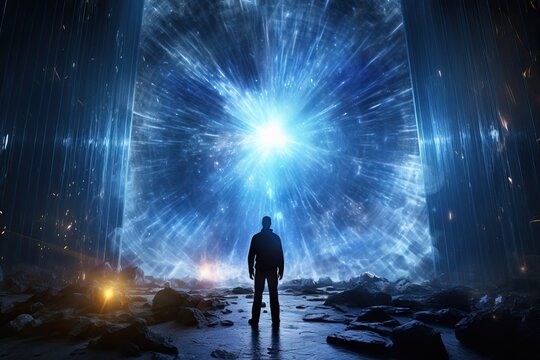 man back view standing in front of huge portal to the parallel universe, ai tools generated image