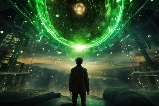 man back view standing in front of huge portal to the parallel universe, ai tools generated image