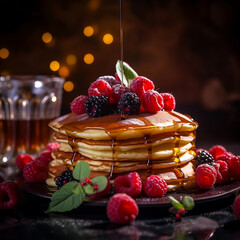 Pancakes with berries on the kitchen table