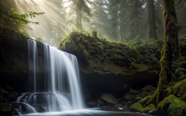 Waterfall in the forest. Generative AI