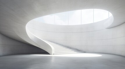 Empty abstract interior background with spiral stairway in white concrete hall, 3d rendering