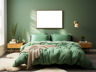 Elegant house bedroom interiors green with photoframe mockup, AI Generated