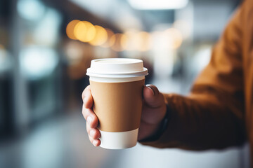 Man's hand holding takeaway paper coffee cup mock up
