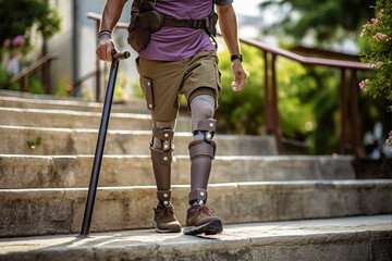 Low angle view at disabled young man with prosthetic leg walking along the street, AI Generated