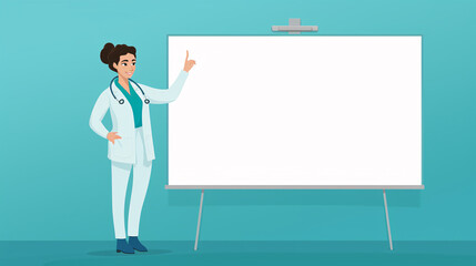 flat illustration of a female doctor presenting a topic on a whiteboard