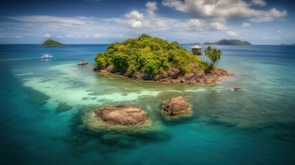 Fototapeta premium Tropical island in the ocean with palm trees and clear water Created with Generative AI technology.