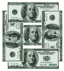 US hundred dollar bills laid out in a square isolated on a white background.