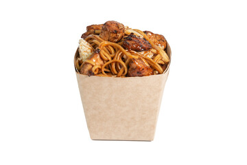 wok noodles with chicken, vegetables in a box container. chinese and asian takeaway fast food.