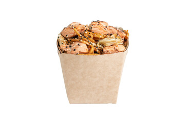 wok noodles with salmon in a box container. chinese and asian takeaway fast food.