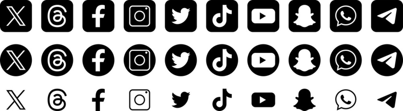 Twitter, threads, facebook, instagram, tiktok, youtube, snapchat, whatsapp, telegram. Social media logos. PNG