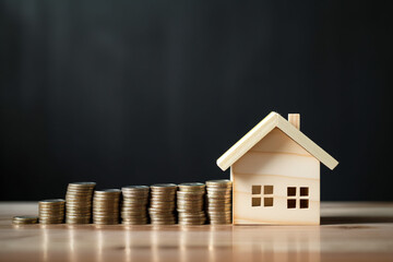 mortgage concept: stacks of coins with simple wooden house