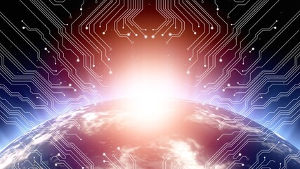 Abstract globe with digital communications in sky.