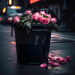 Bouquet of pink roses thrown into street garbage can. Black and dirty garbage can with roses thrown there. Beautiful wasted roses in a garbage can in a street setting. Generative AI