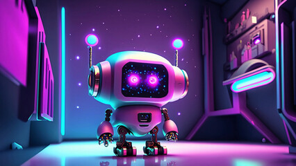A cute little confused looking robot in a room with space to write your text 