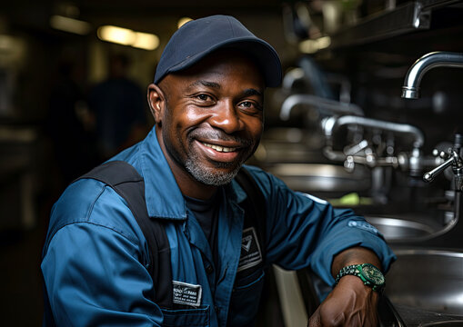 black male plumber posing for picture with work motifs in the background
