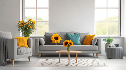 Cozy grey sofas and vase with beautiful sunflowers in interior of light living room