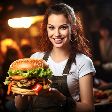 smiling woman holding plate with hamburger. female portrait . generative ai