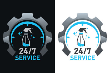 Reinigungsfirma, Hausarbeit, Putzen, Hausputz - Logo mit Sprühflasche im Zahnrad - 24/7 Service