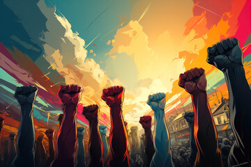 Protest, stop racism, equality concept. Fight for your rights. People of different nationalities and races raise up fists. Generative Ai - obrazy, fototapety, plakaty