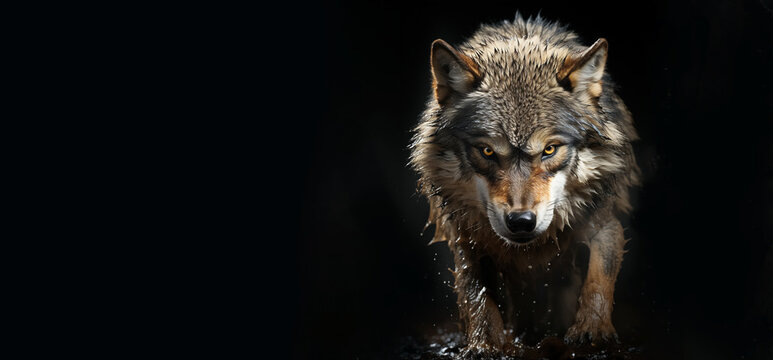Portrait of an angry wolf, panoramic layout. Generative Ai