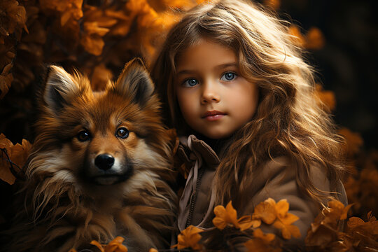 Little beautiful girl with a fox in the autumn forest. Generative Ai