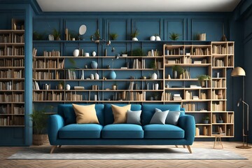 Interior of modern living room with blue sofa, bookshelf and shelves, 3d illustration.