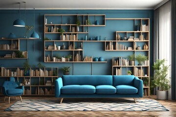 Interior of modern living room with blue sofa, bookshelf and shelves, 3d illustration.