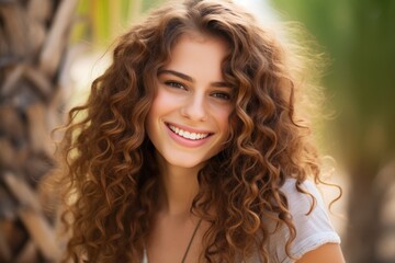 Naklejka premium Headshot of a beautiful very attractive young brunette woman looking at the camera smiling