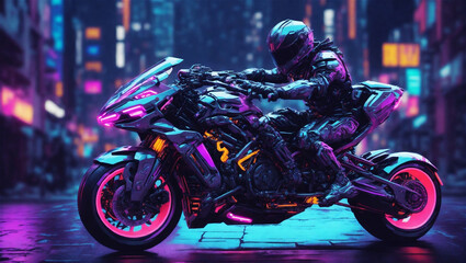 MOTORBIKE cyberpunk MOTORCYCLE ON THE ROAD road to the mountain neons Side view of motorbike
