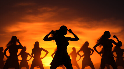 woman team dancing silhouette on sun background generative ai