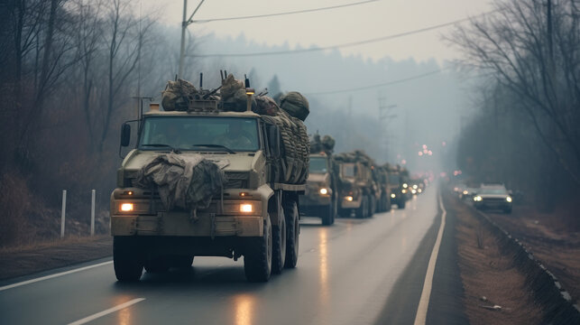 column of military equipment, military vehicles on the road generative ai