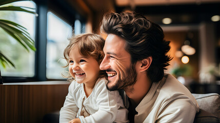 Naklejka premium Father and daughter hugging and smiling inside their home. Family and love concept