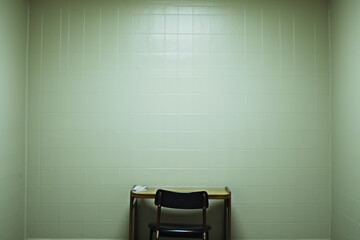 empty interrogation room with chair and table generative ai - obrazy, fototapety, plakaty