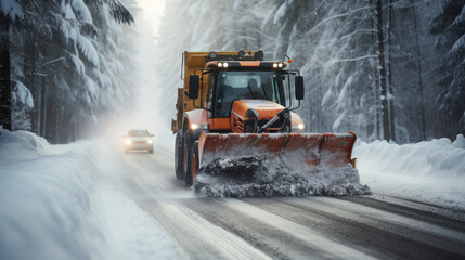  winter snow removal on the road with an excavator generative ai - obrazy, fototapety, plakaty