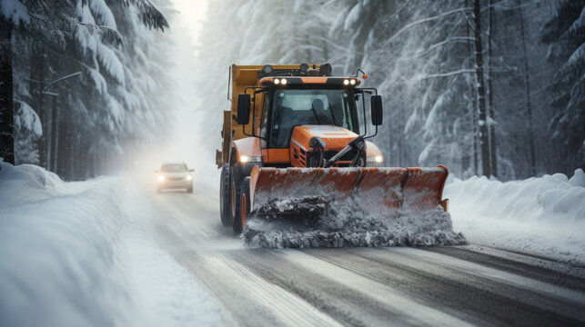  winter snow removal on the road with an excavator generative ai