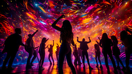 silhouette dancing womens, colorful disco club generative ai