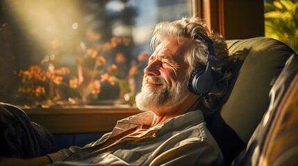 Old man with white hair, lonely and sitting in an armchair with headphones smiling and looking out the window enjoying his retirement. Old age and retirement concept. Copy space