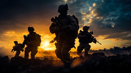 military soldiers storm enemy positions on sunset background generative ai