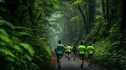 running marathon on the track in the forest jungle generative ai