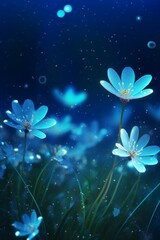 Magic white flower on blue spectrum in the dark like a dream Created with Generative AI technology.